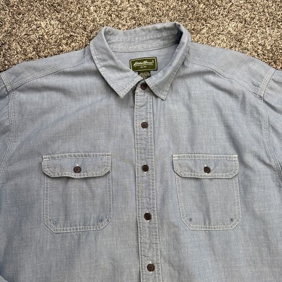 Men’s Eddie Bauer Blue Denim Button Up Long Sleeve Shirt Size Tall XL 100% Linen - Picture 2 of 6
